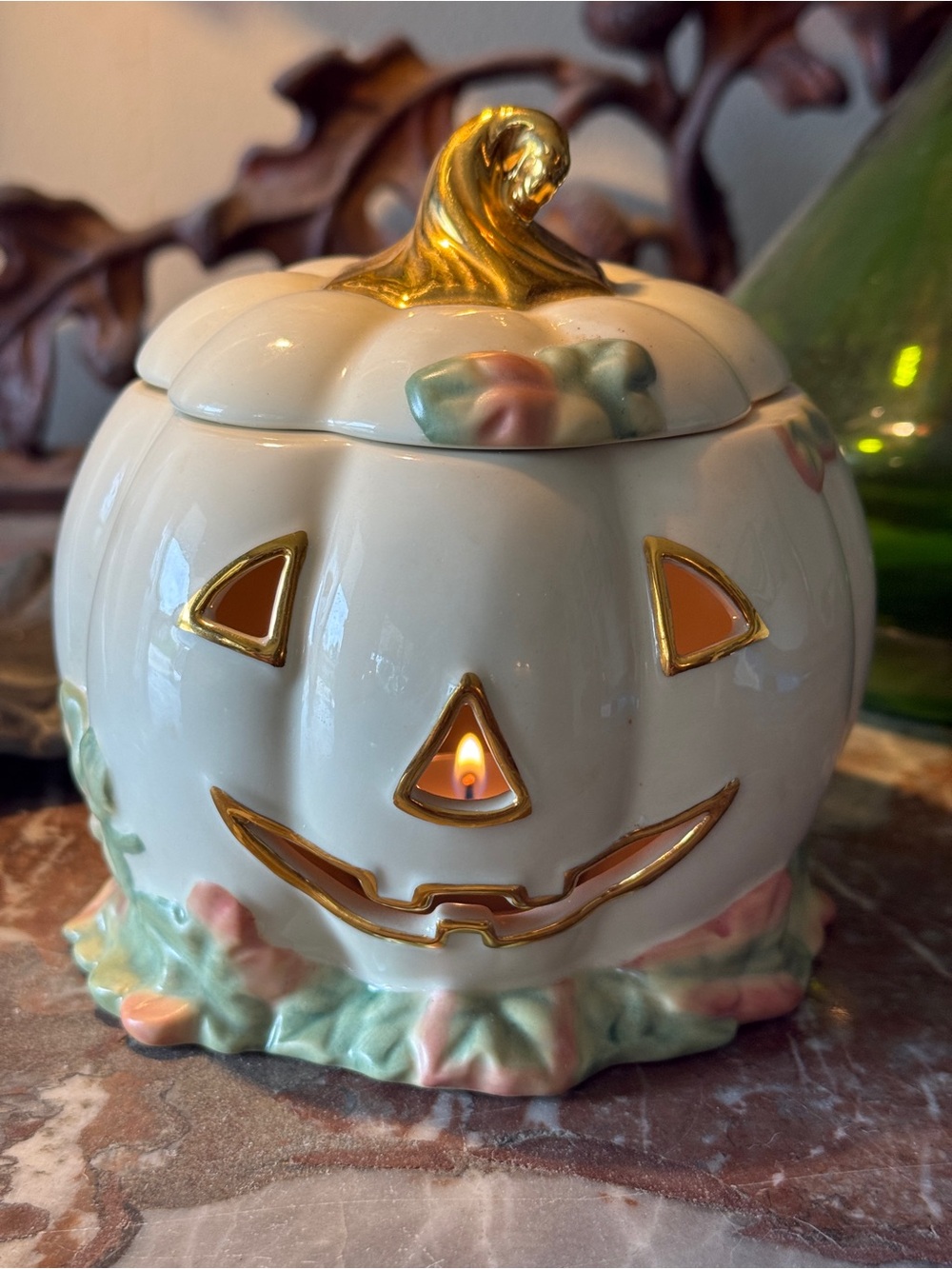 Vintage Lenox White Porcelain Jack-O'-Lantern with Gold Trim and Pastel Accents